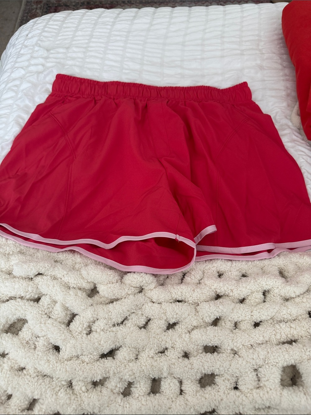 Bright Red Women's Athletic Shorts with Pink Trim